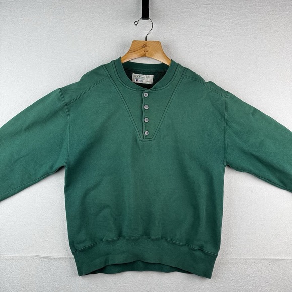 90s Vintage LL Bean X Russell Athletic Men's Large Green Henley Sweatshirt USA - Picture 2 of 14